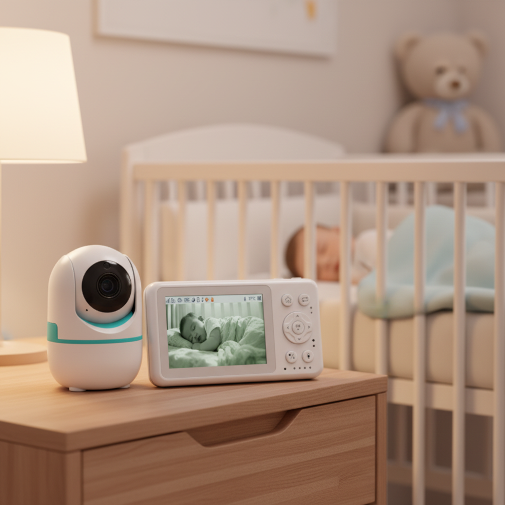 Baby monitor on nightstand next to crib
