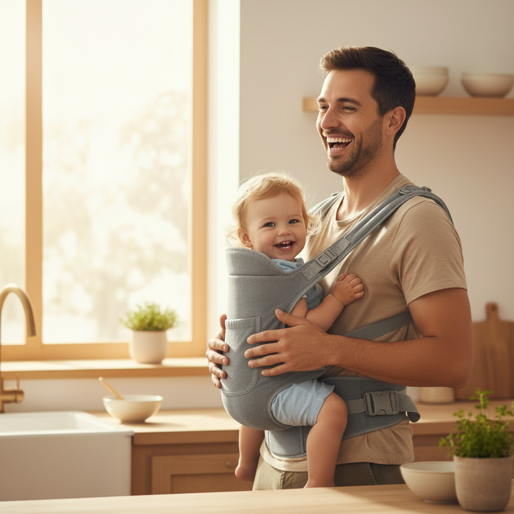 Father wearing grey ergonomic baby carrier in kitchen
