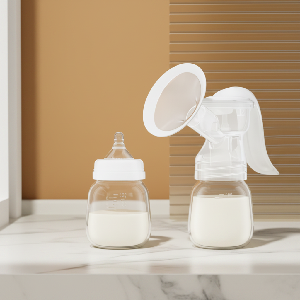 Manual breast pump on white marble counter