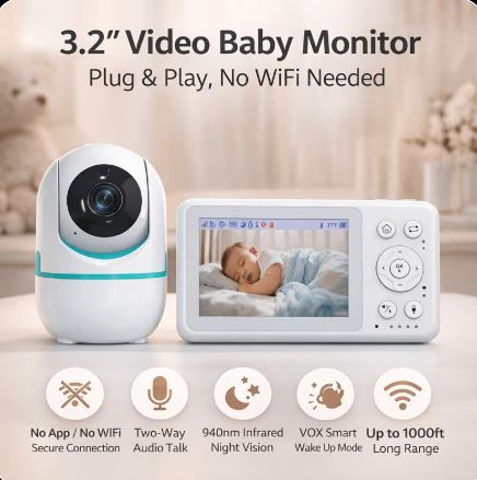3.2" Video Baby Monitor – Plug & Play, No WiFi Needed