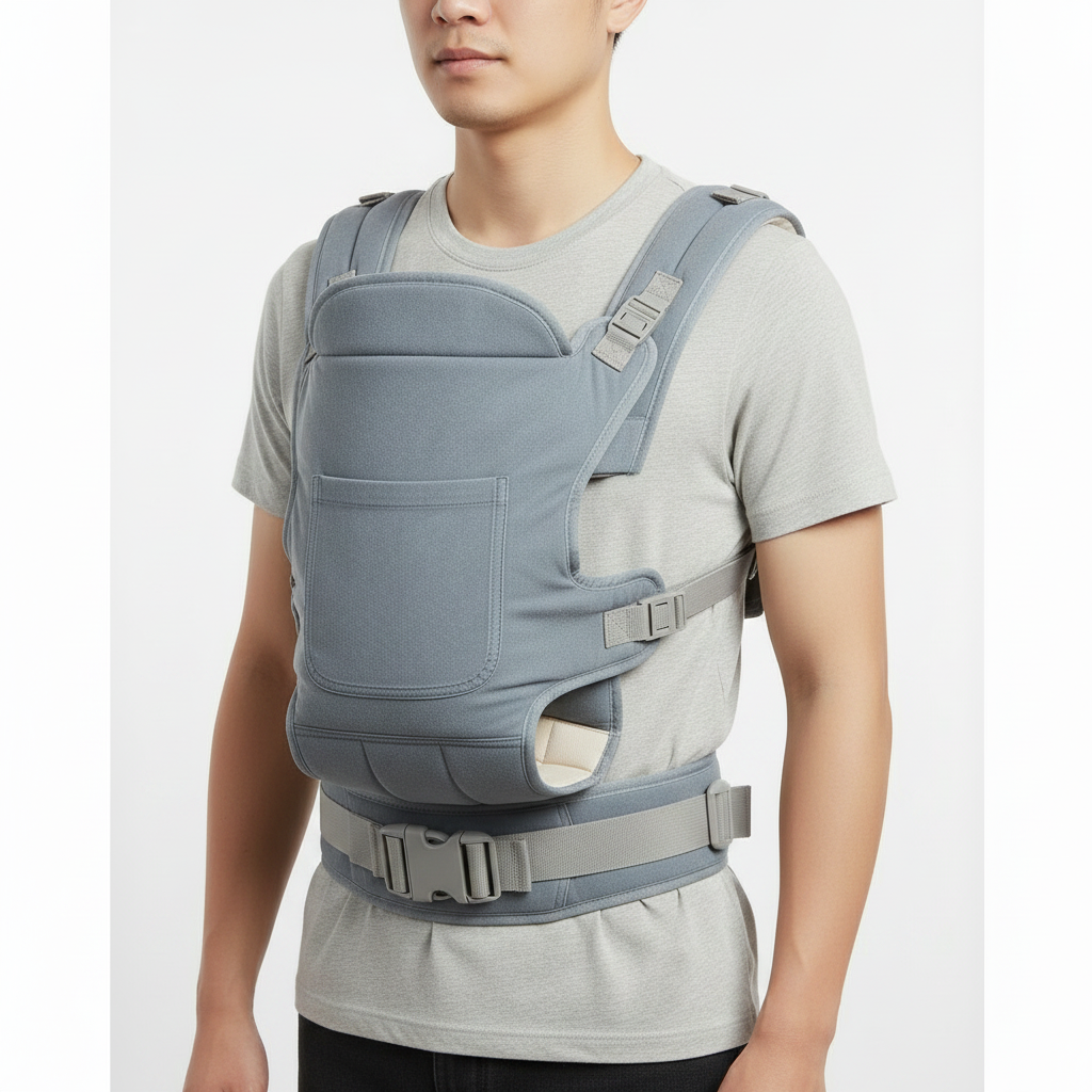 Close-up detail of grey ergonomic baby carrier straps and buckles