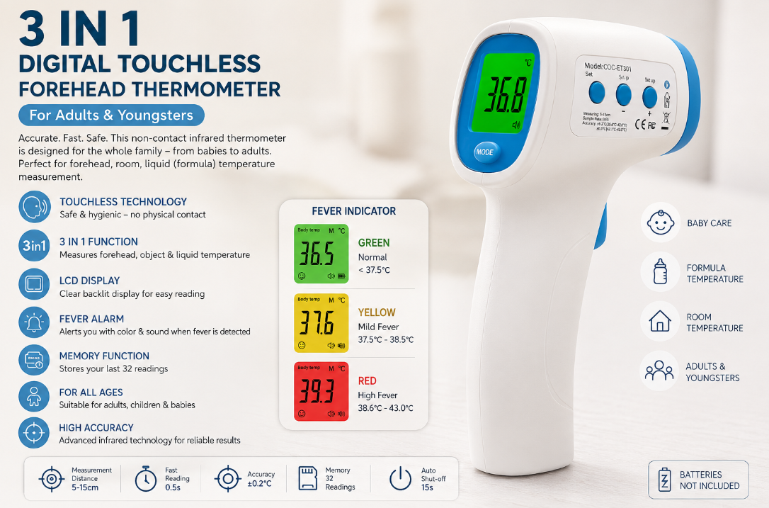 3-in-1 Digital Touchless Forehead Thermometer | LCD Display & Fever Alarm