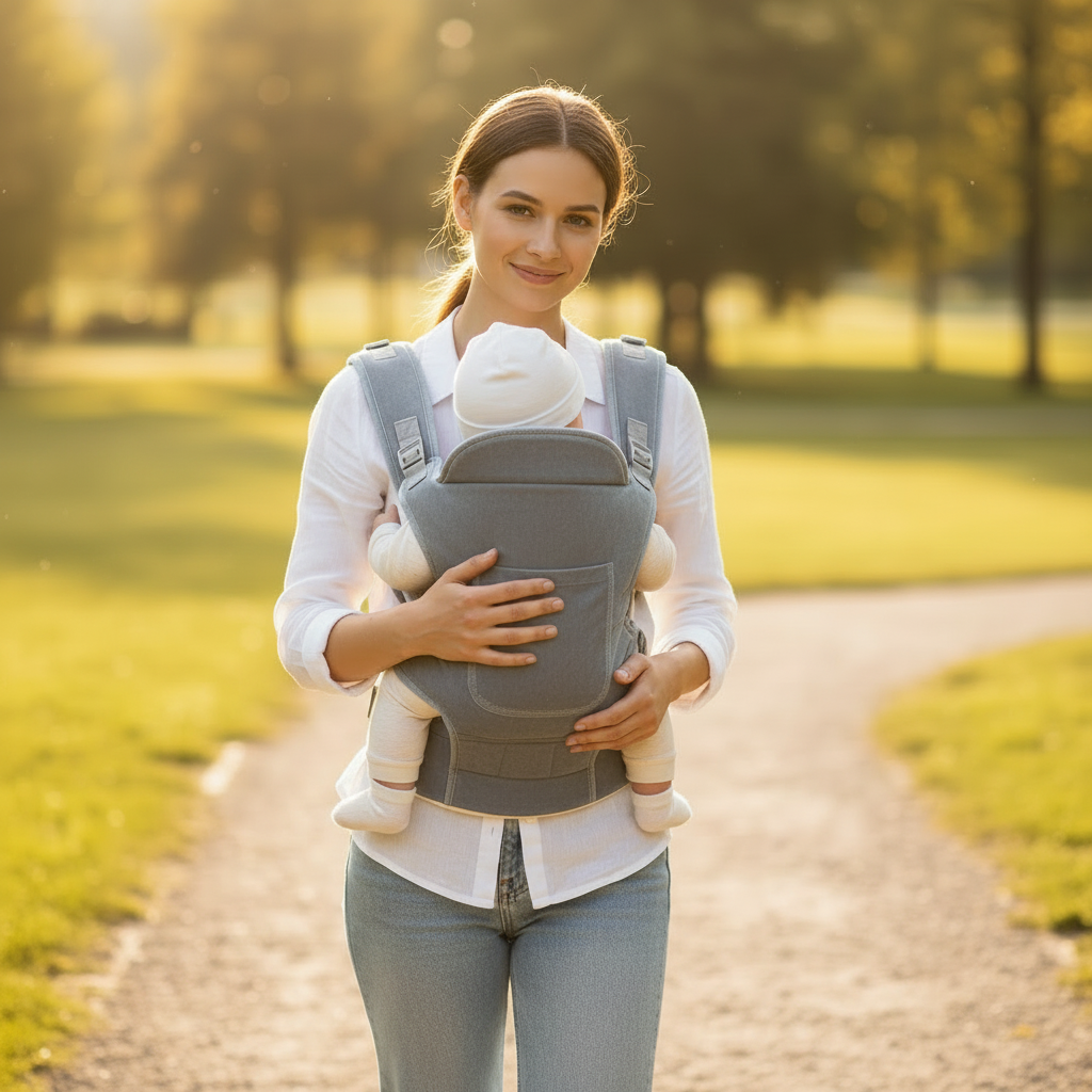 Mother wearing grey ergonomic baby carrier outdoors