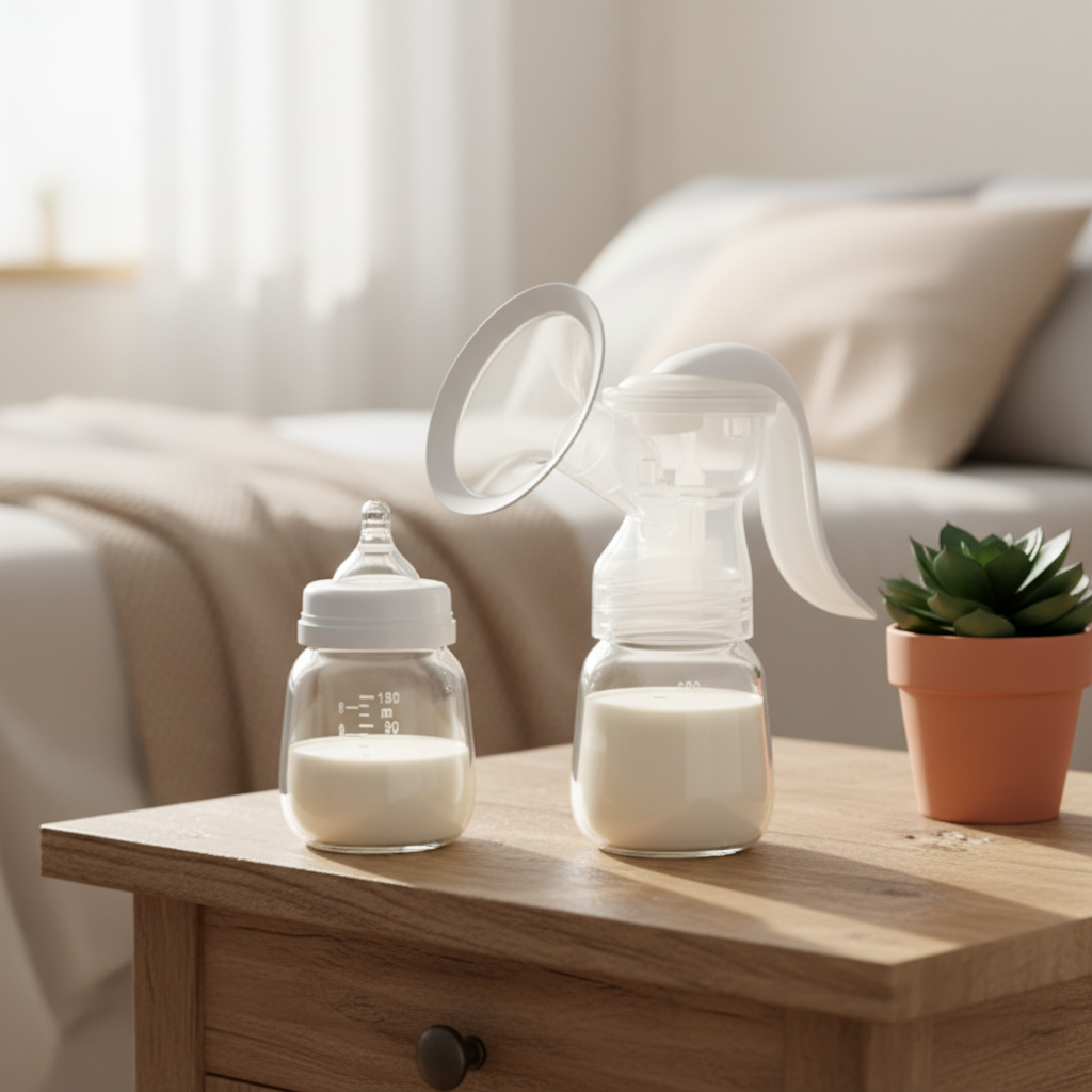 Manual breast pump on wooden bedside table