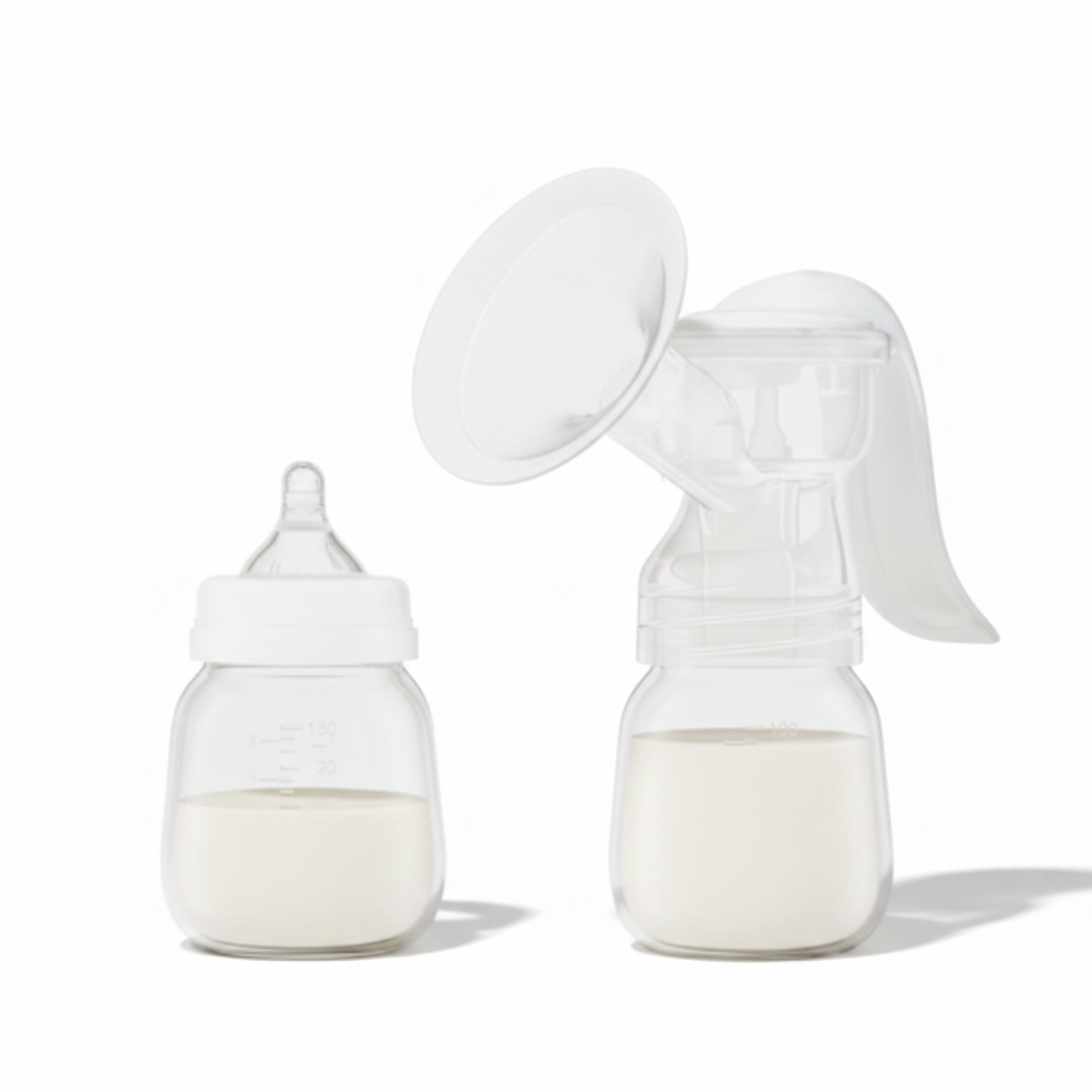 Manual breast pump on white studio background